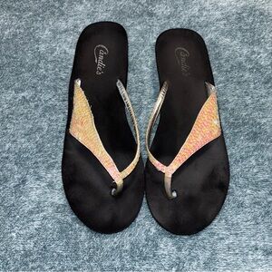 Candie’s Y2K Sequined Stacked Thong Sandals in Champagne Women’s Size 8.5